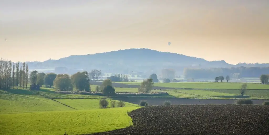 Mistig Heuvellandschap met de Kemmelberg, populieren en een geploegde akker