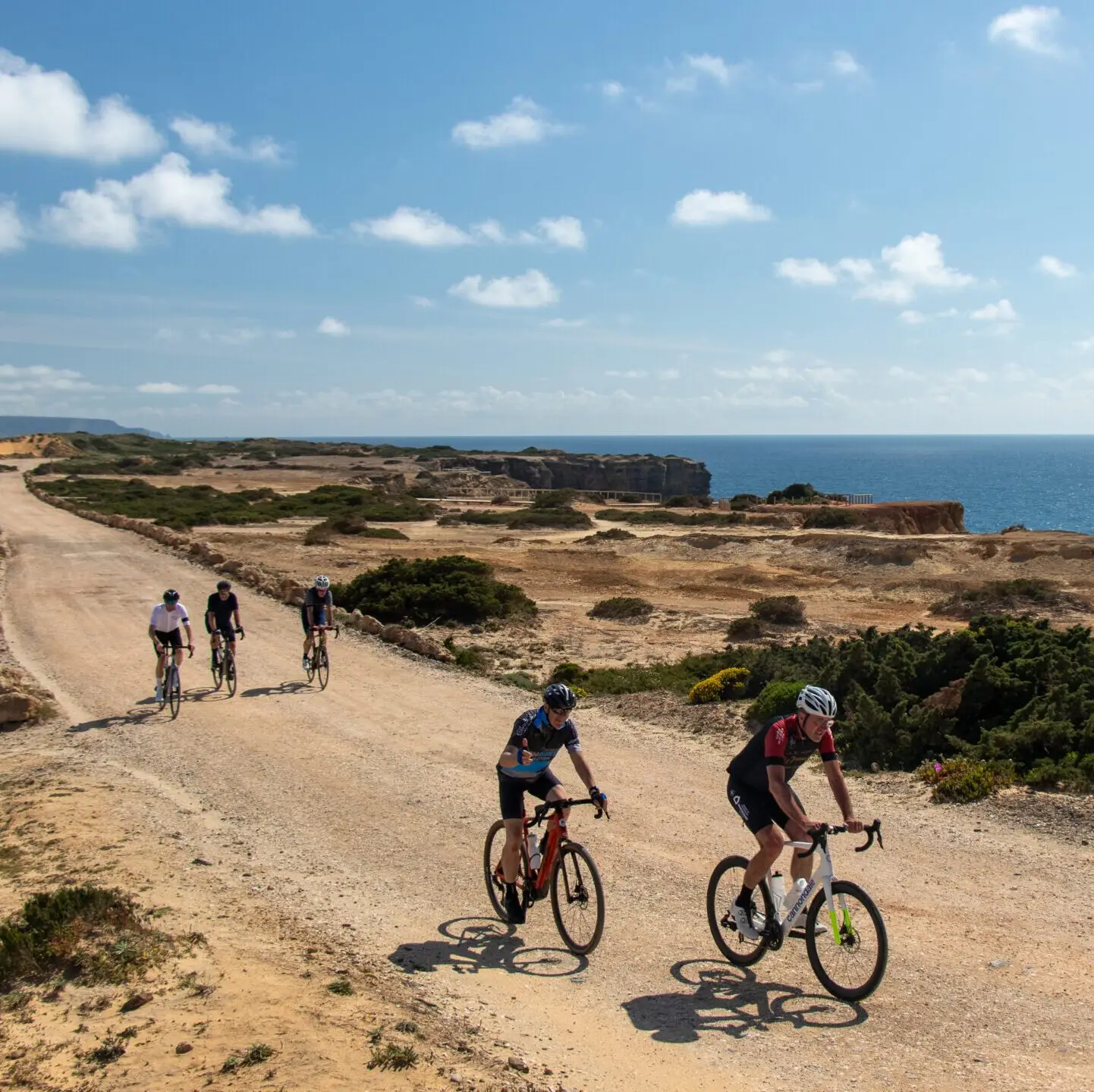 Vijf fietsers op een zandweg langs de kliffen aan de Atlantische kust