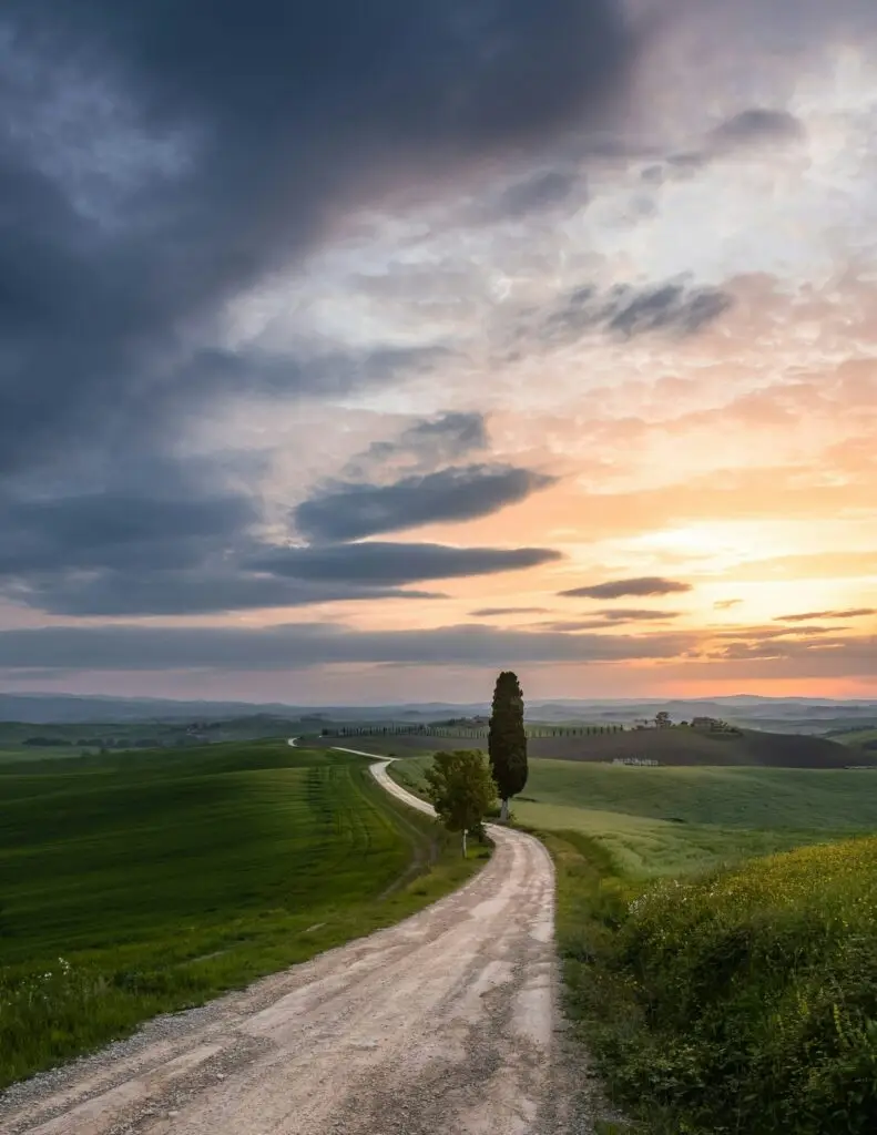 Zonsondergang boven Toscaanse heuvels met cipres langs een wit grindweggetje